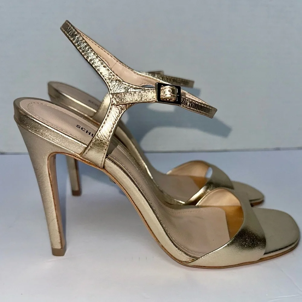 SCHUTZ Women’s Metallic Gold Jade Leather Strappy Stiletto Sandals- Size 7.5